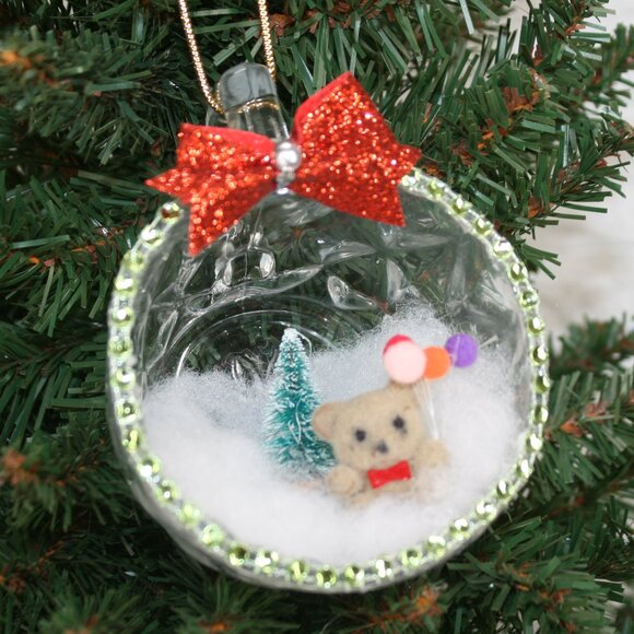 HAND CRAFTED Christmas Ornament Upcyled Teacup Balloon Bear Winter Scene Green - Picture 1 of 9